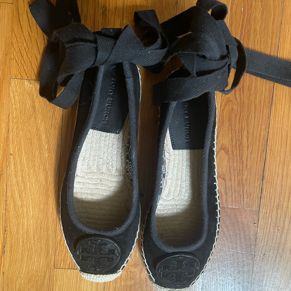 Tory Burch Black Espadrille Wrap Flats